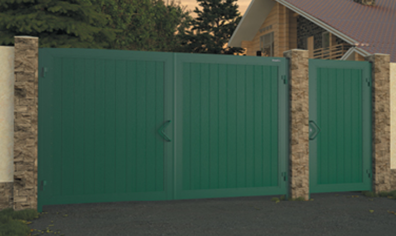 Ворота уличные распашные в алюминиевой раме с сэндвич панелью, 3000x2100, зеленые, доска