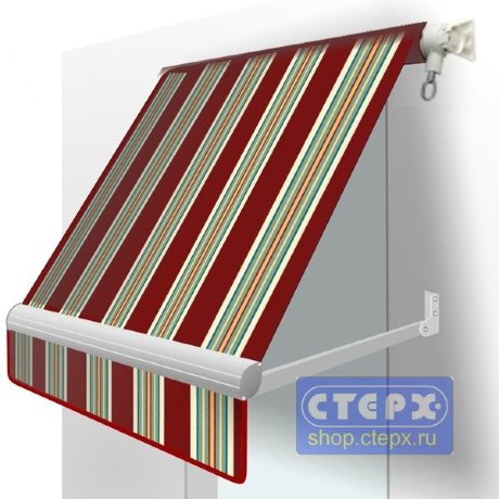 Прямая откидная маркиза с ручным приводом и тентом из ткани в многоцветную жаккардовую полоску