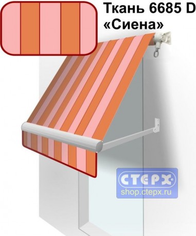 Прямая откидная маркиза с ручным приводом и тентом из ткани в многоцветную жаккардовую полоску