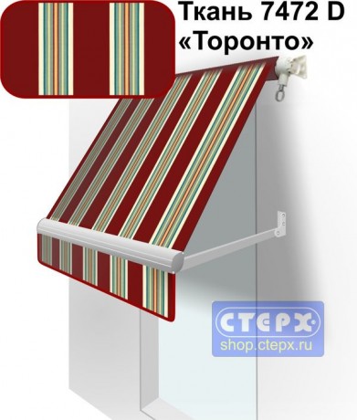 Прямая откидная маркиза с ручным приводом и тентом из ткани в многоцветную жаккардовую полоску