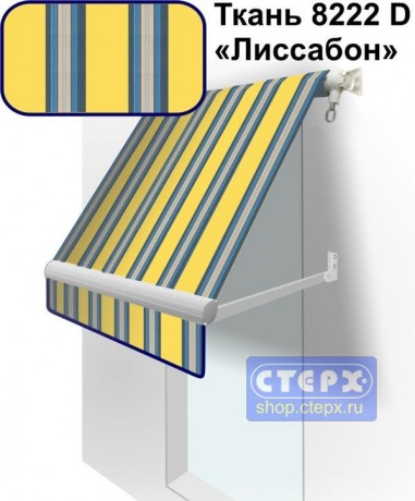 Прямая откидная маркиза с ручным приводом и тентом из ткани в многоцветную жаккардовую полоску