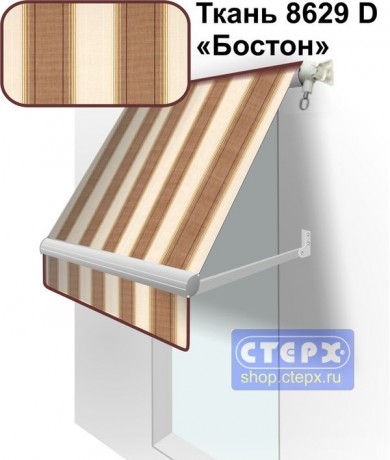 Прямая откидная маркиза с ручным приводом и тентом из ткани в многоцветную жаккардовую полоску