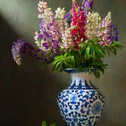 Постер «Натюрморт с люпинами в китайской вазе», 30 см х 45 см