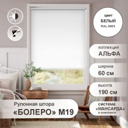 Рулонная штора "БОЛЕРО", Альфа, M19, белый 60 х 190 см