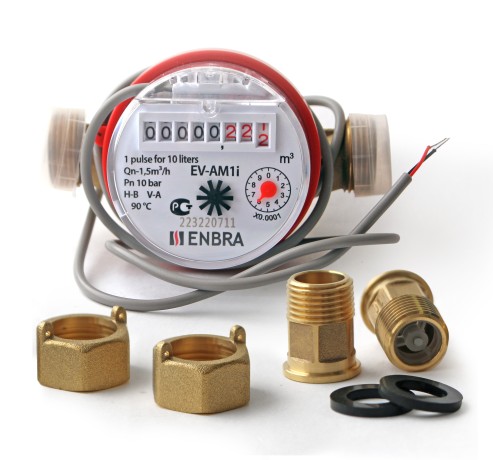 Счётчик учёта горячей воды ENBRA EV-AM1i L110 D15 B, с импульсным выходом, со сгонами
