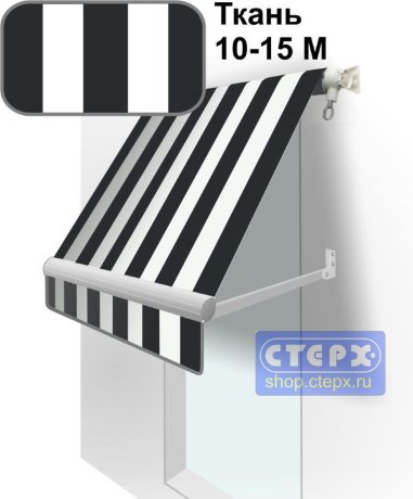 Прямая откидная маркиза с ручным приводом и тентом из ткани в двухцветную полоску