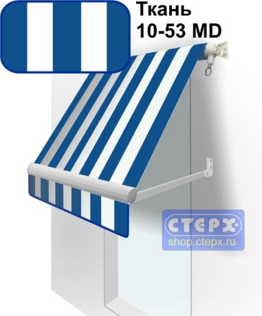 Прямая откидная маркиза с ручным приводом и тентом из ткани в двухцветную полоску