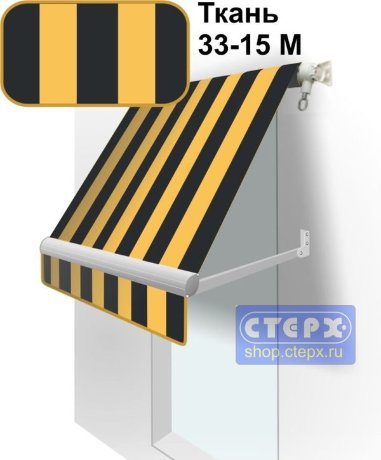 Прямая откидная маркиза с ручным приводом и тентом из ткани в двухцветную полоску