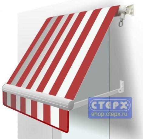 Прямая откидная маркиза с ручным приводом и тентом из ткани в двухцветную полоску